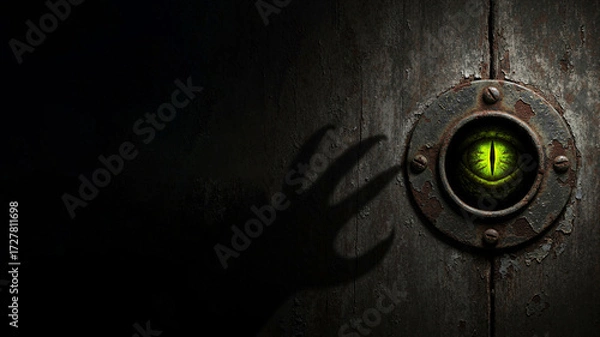 Fototapeta Scary green glowing eye with vertical pupil in rusty keyhole and claw shadow with copy space