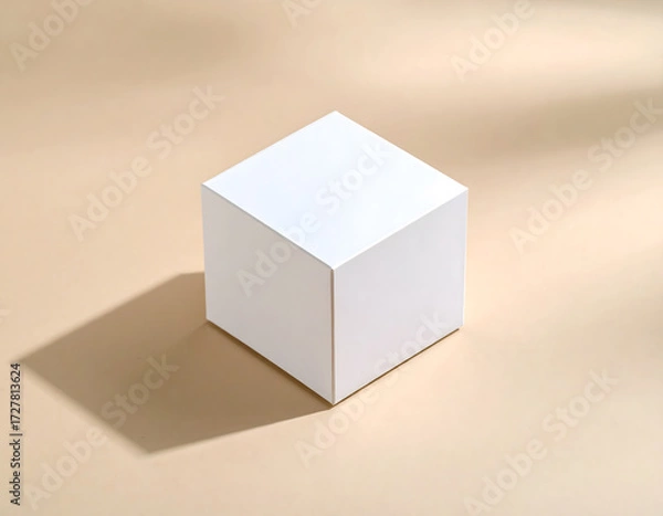 Fototapeta Minimalist White Cube on Soft Beige Background with Shadow Play