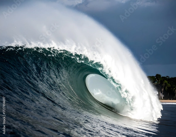 Fototapeta Majestic Ocean Wave Crashing with Dramatic Foam on Beach Shoreline