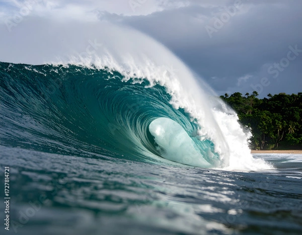 Fototapeta Majestic Ocean Wave Breaking with Foam and Tropical Background