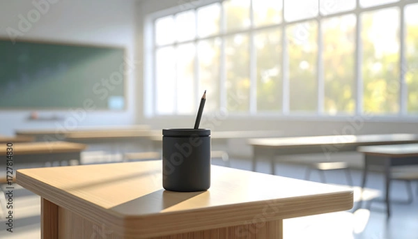 Fototapeta Minimalist Classroom Setting with Pencil Holder on Desk Surface