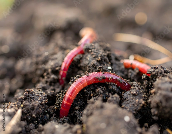 Fototapeta Close-up of Red Earthworms in Dark Soil Rich in Nutrients and Life