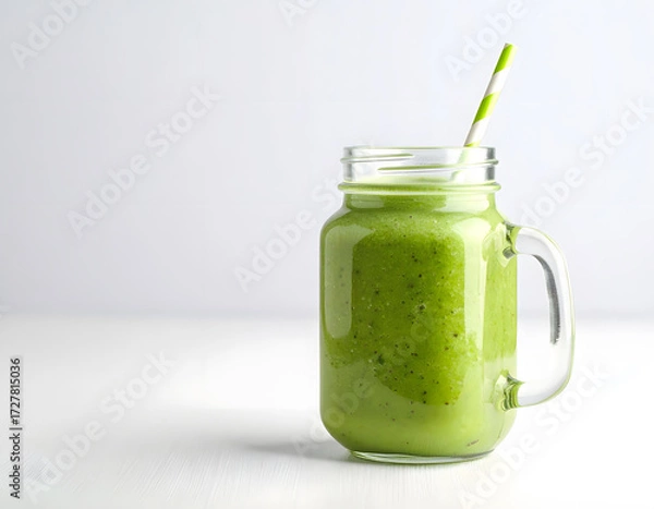 Fototapeta Fresh Green Smoothie in a Glass Jar with Straw on a Light Background