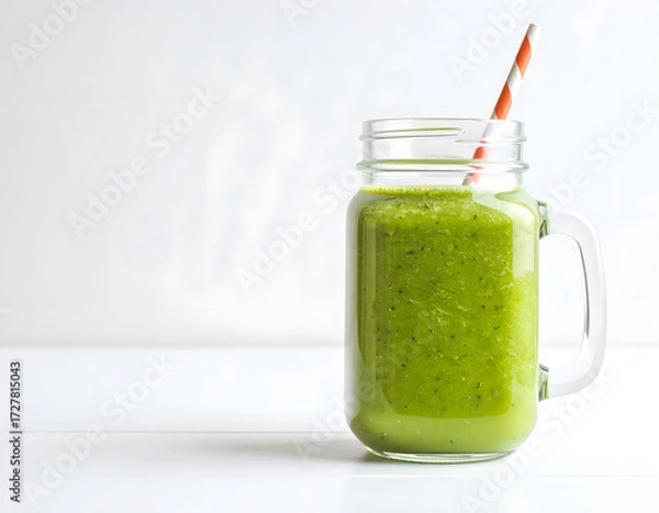 Fototapeta Refreshing Green Smoothie in a Jar with Colorful Straw