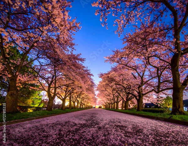 Fototapeta Serene Cherry Blossom Pathway Under Twilight Sky with Petals