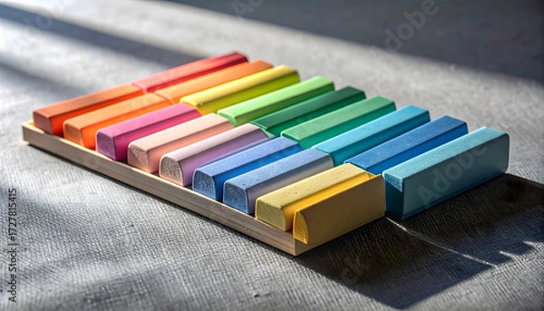 Fototapeta Colorful chalk sticks arranged on a wooden tray under sunlight