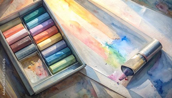 Fototapeta Colorful Art Supplies on Table with Paint Strokes and Chalk Pastels