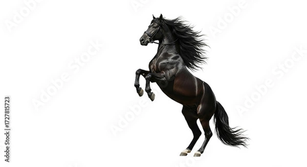 Fototapeta Black horse rearing up on hind legs isolated against a white background.