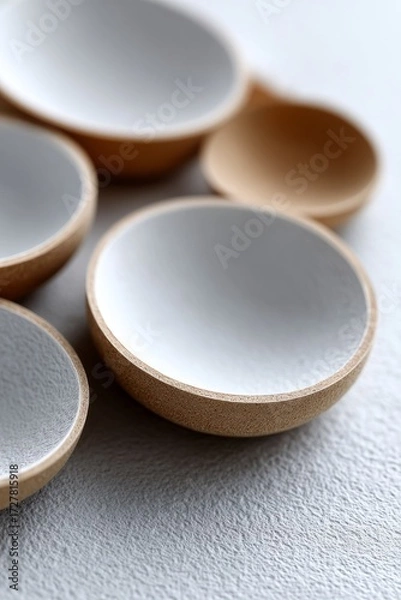 Fototapeta Minimal flat lay of ceramic bowls with natural texture, neutral pastel tones, eco-friendly tableware concept, modern Scandinavian design