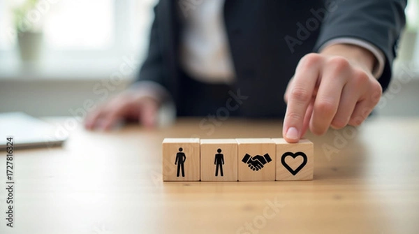 Fototapeta Executive Placing Wooden Block with Handshake and Heart Icon into Group of People

