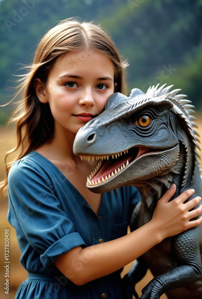 Fototapeta a cute girl embrace a velociraptor - generative ai