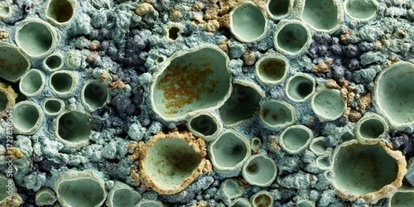 Fototapeta Rock with many small holes in it. The holes are green and brown. The rock is very large