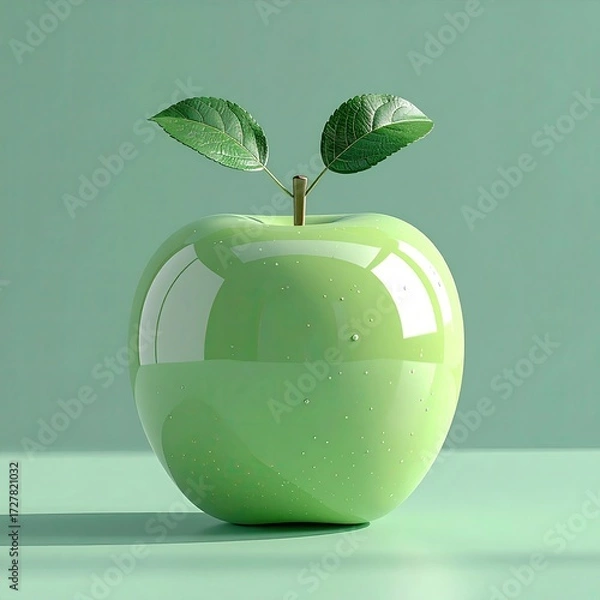 Fototapeta A glossy, light-green apple with two leaves sits on a pale green surface, illuminated by soft light