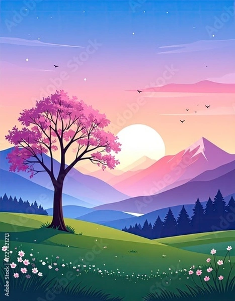 Obraz Serene sunset over a flowering tree in a picturesque valley, silhouetted against majestic mountains