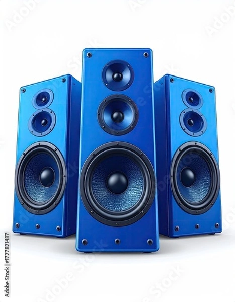 Obraz Three vibrant blue rectangular speakers with multiple drivers, arranged in a row against a white background