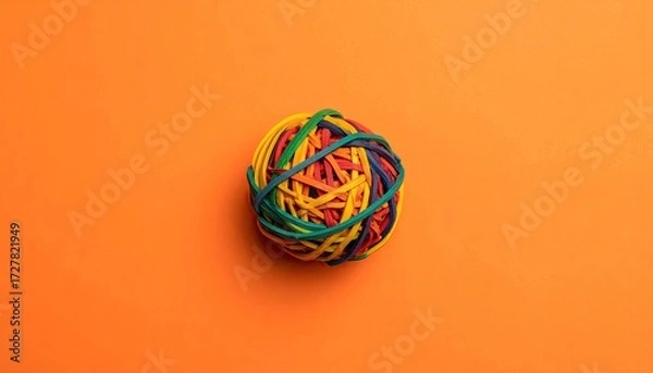 Obraz A sphere of multicolored rubber bands sits on a vibrant orange background.  The bands are tightly intertwined, creating a textured, colorful ball