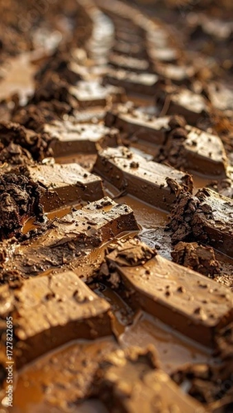 Fototapeta Deep tire treads in wet, dark brown mud, showing texture and water pooling in the grooves
