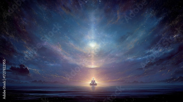 Fototapeta cosmic rebirth, life creation through deep meditation and chakras