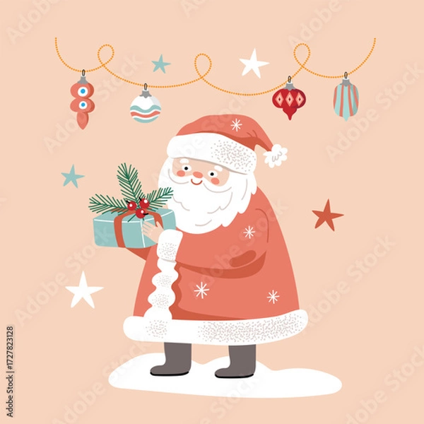 Fototapeta Christmas card with Santa Claus and a garland of Christmas tree decorations. Flat vector illustration on a peach background.