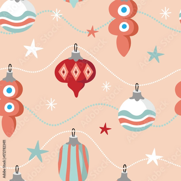 Fototapeta Seamless Christmas pattern with vintage Christmas tree ornaments on a peach background. Flat vector illustrations.
