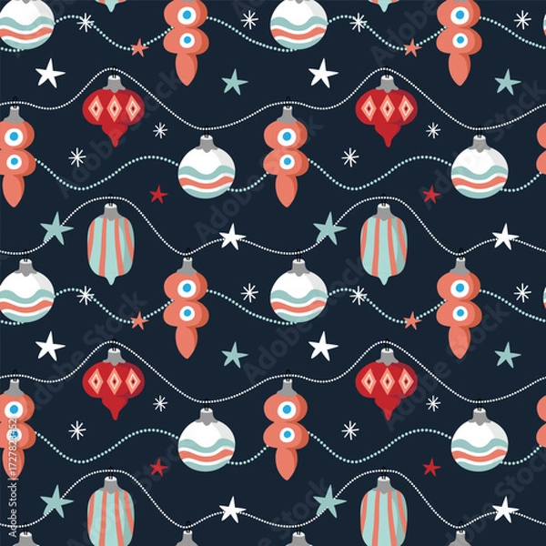Fototapeta Seamless Christmas pattern with vintage tree ornaments and stars on a blue background. Flat vector illustration.
