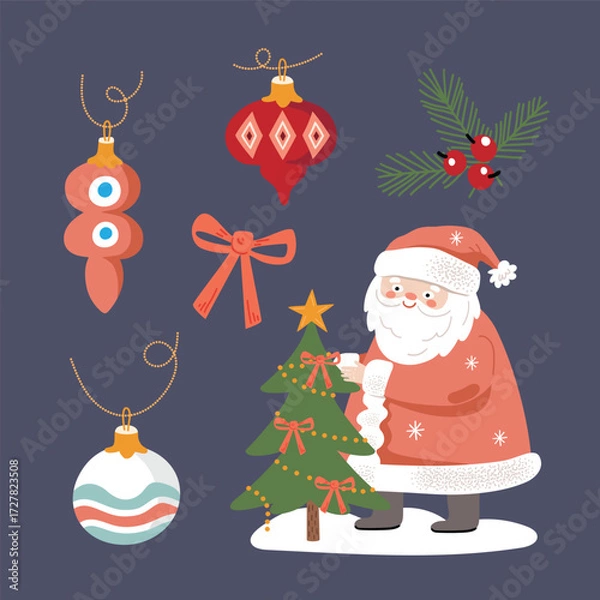 Fototapeta A set of elements for Christmas and New Year's holiday decorations. Christmas tree decorations, Christmas tree, and Santa Claus. Flat vector illustrations on a blue background.