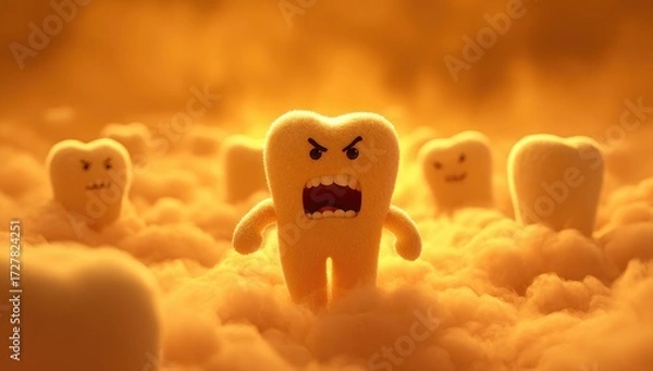 Fototapeta A group of cartoon teeth, rendered in warm hues, are angrily positioned on a bed of fluffy clouds.