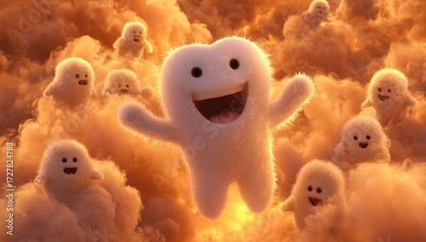 Fototapeta A fluffy, joyful character floats amidst a cloud of warm, orange-toned puffs.