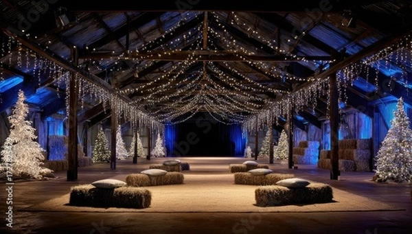 Fototapeta A rustic barn space is decorated with numerous Christmas trees and string lights, creating a festive and charming winter wonderland.