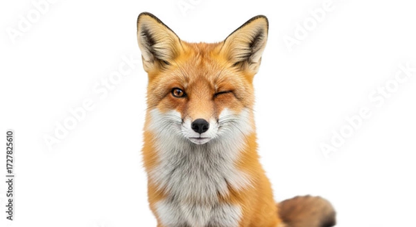 Fototapeta Fox portrait against white background shows orange fur and closed eyes.