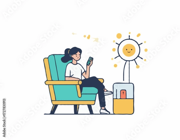 Fototapeta A young female exhausted character sitting in a chair with a low battery indicator above