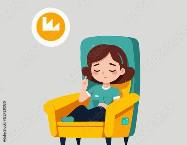 Fototapeta A young female exhausted character sitting in a chair with a low battery indicator above