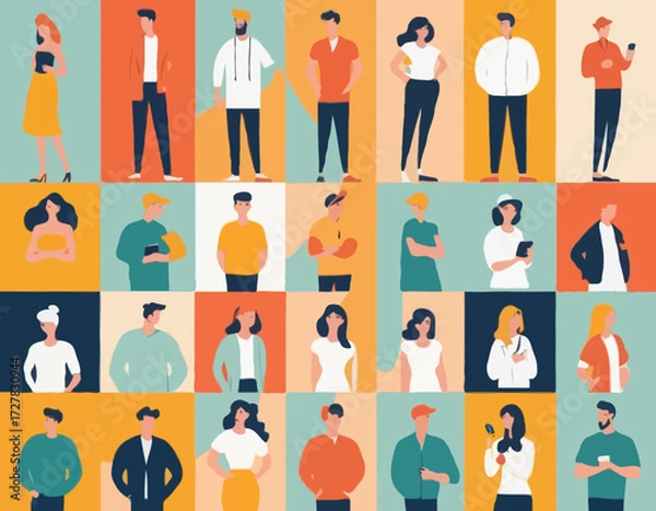 Fototapeta Set of flat vector characters in different poses. Young adults. Lifestyle illustration. Flat editable vector, clip art