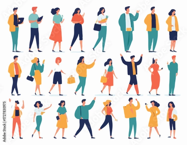 Fototapeta Set of flat vector characters in different poses. Young adults. Lifestyle illustration. Flat editable vector, clip art