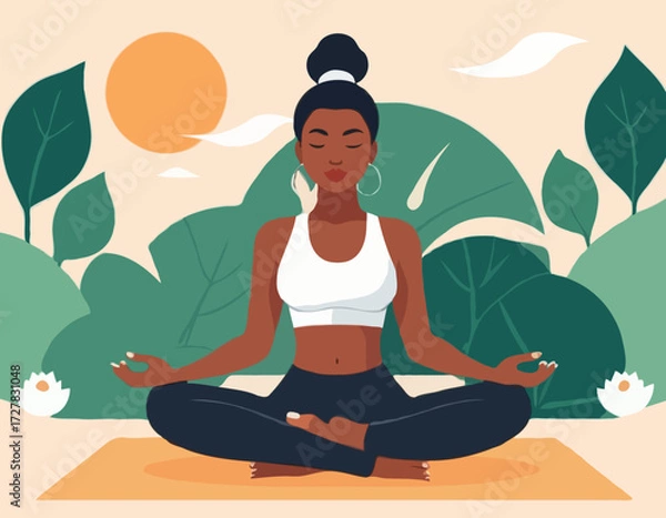 Obraz Meditation. Outdoor yoga. Harmony and relaxation. Calm black female character sitting in a lotus pose. Flat editable vector illustration, clip art. Modern healthy lifestyle