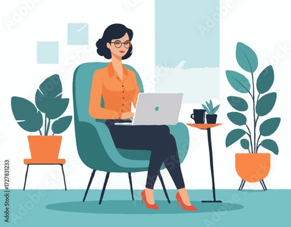 Fototapeta Young female manager sitting in a chair with the laptop. Freelancer. Modern office. Lifestyle. Flat editable vector illustration, clip art