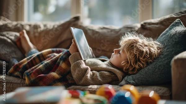 Fototapeta Young boy lies on a cozy sofa under a warm blanket, looking in a tablet as afternoon light fills the living room