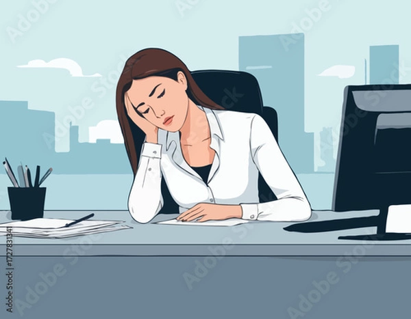 Fototapeta Professional burnout. Young exhausted female manager sitting at the office. Long working day. Millennials at work. Flat editable vector illustration, clip art