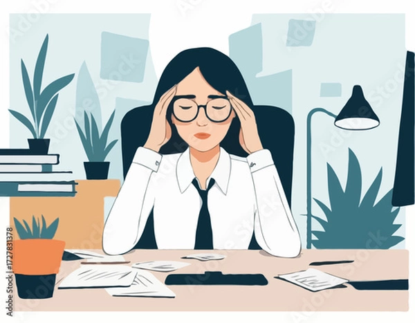 Fototapeta Professional burnout. Young exhausted female manager sitting at the office. Long working day. Millennials at work. Flat editable vector illustration, clip art