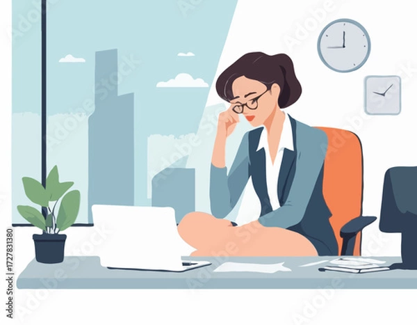 Fototapeta Professional burnout. Young exhausted female manager sitting at the office. Long working day. Millennials at work. Flat editable vector illustration, clip art