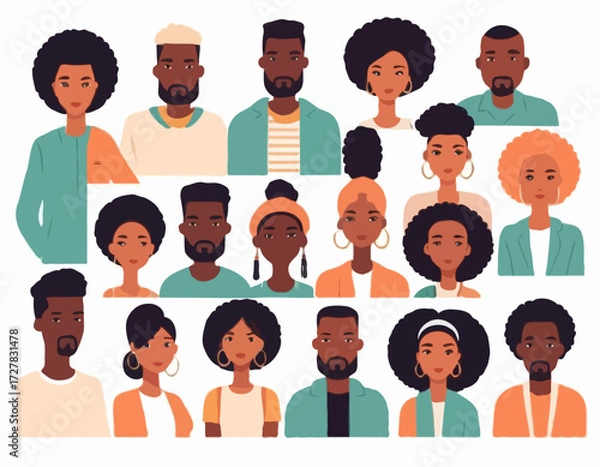 Fototapeta Black community, african people gathered together, a set of male and female characters wearing casual clothes and different hairstyles
