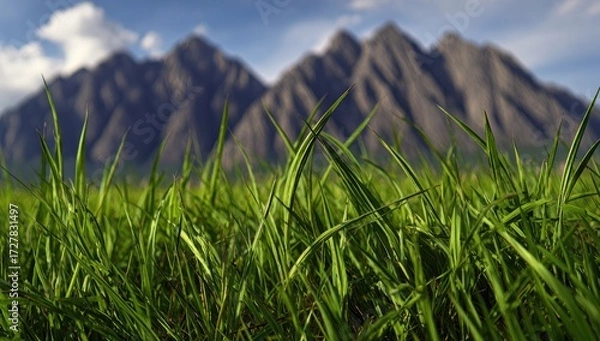Fototapeta Lush green grass blades reach towards a backdrop of towering gray mountains under a partly cloudy sky.
