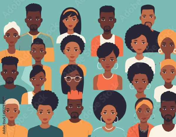 Fototapeta Black community, african people gathered together, a set of male and female characters wearing casual clothes and different hairstyles