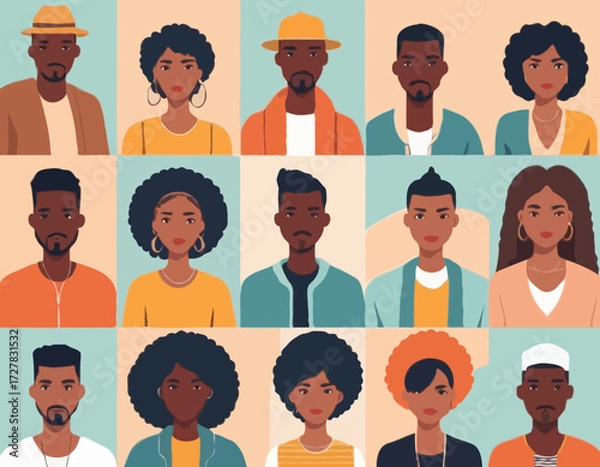 Fototapeta Black community, african people gathered together, a set of male and female characters wearing casual clothes and different hairstyles