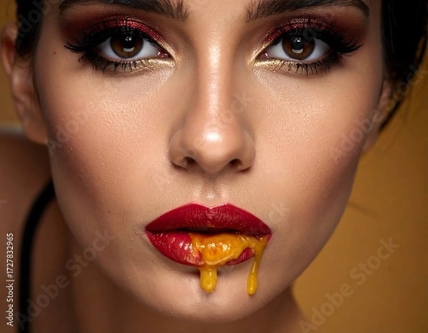 Fototapeta Close-up of a woman with striking makeup and dripping liquid