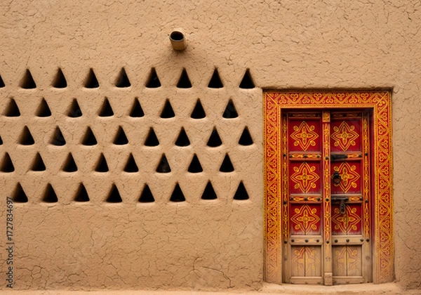 Obraz A traditional mud building features a grid pattern of triangular holes on the left and a vibrant red wooden double door with an intricate yellow and red painted border on the right. Generative AI.
