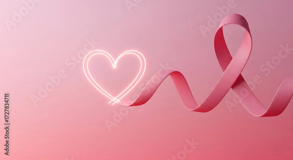 Obraz A pink awareness ribbon curls across a pink gradient background, twisting into a loop on the right, and the ribbon's trail forms a glowing, white neon heart outline on the left. Generative AI.