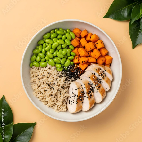 Obraz An overhead shot of a Buddha bowl or power bowl containing sliced grilled chicken topped with black and white sesame seeds,brown rice, green edamame, and cubed roasted sweet potato. Generative AI.