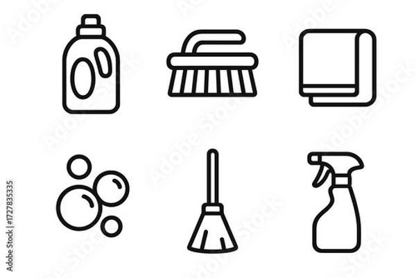 Fototapeta Cleaning Essentials Icons. Household cleaning icons in outline style: detergent bottle, scrub brush, towel, broom, soap bubbles, spray trigger