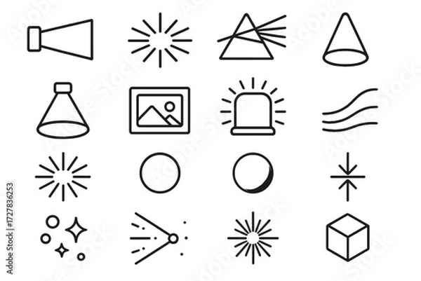 Fototapeta Projection Effects Icons. Projection effects icons in outline style: bright beam, light rays, rainbow prism, glowing cone, spotlight circle, image